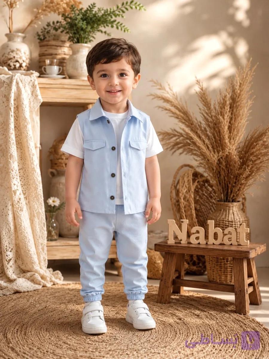 ست پسرانه آسمان 3 تکه | لباس تابستانی کودک نوزادی تا 9 سال — تصویر 1