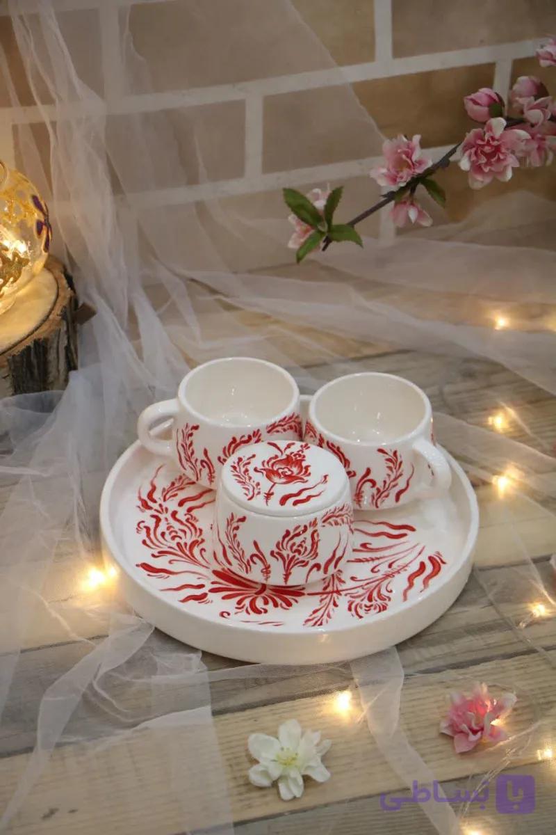 ست چای خوری دونفره سرامیکی دستساز طرح گل رنگ یاسی نقاشی شده