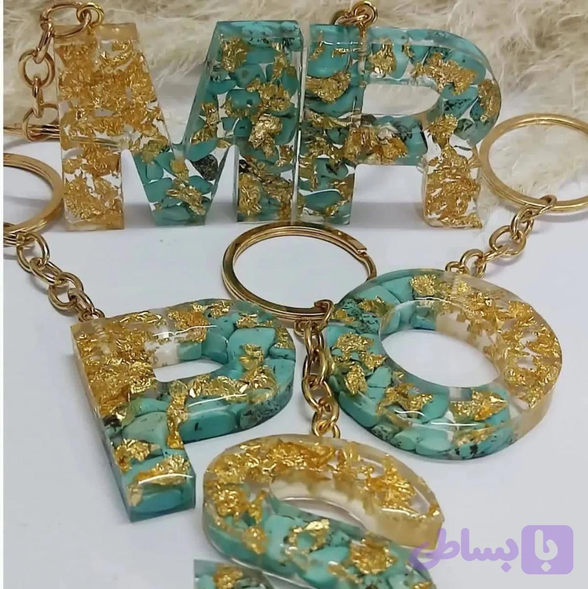 جاکلیدی حروف با سنگ فیروزه و ورق طلا سایز بزرگ