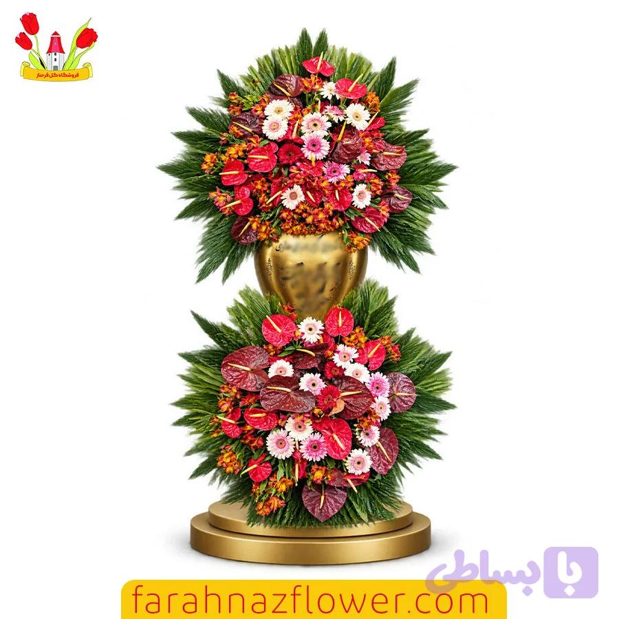 تاج گل 2 طبقه افتتاحیه آنتوریوم و ژرورا کد K040 | گل فرحناز