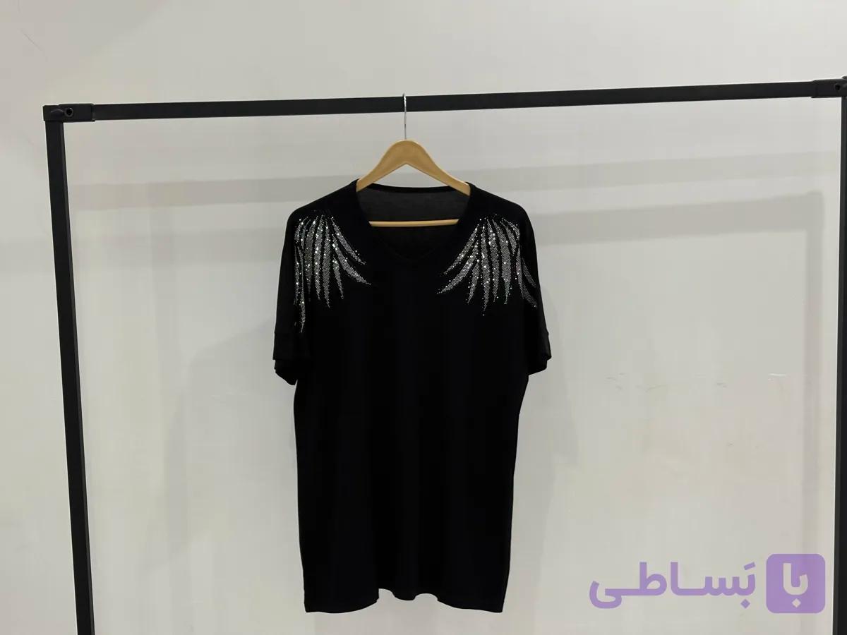 تیشرت مشکی نگین دار آستین سه ربع جنس نخ ویسکوز اعلا