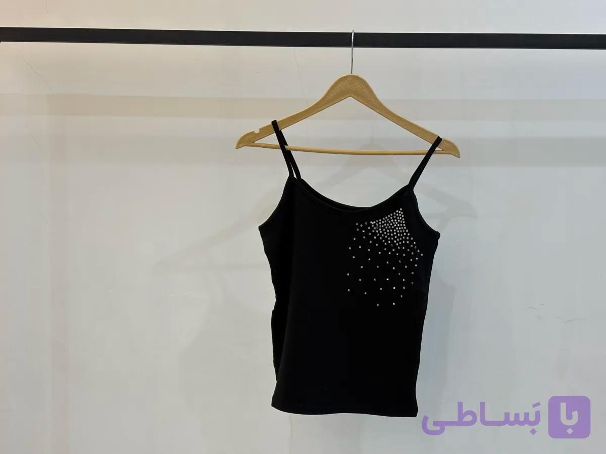 تاپ زنانه مشکی نخ پنبه طرح نگین دار