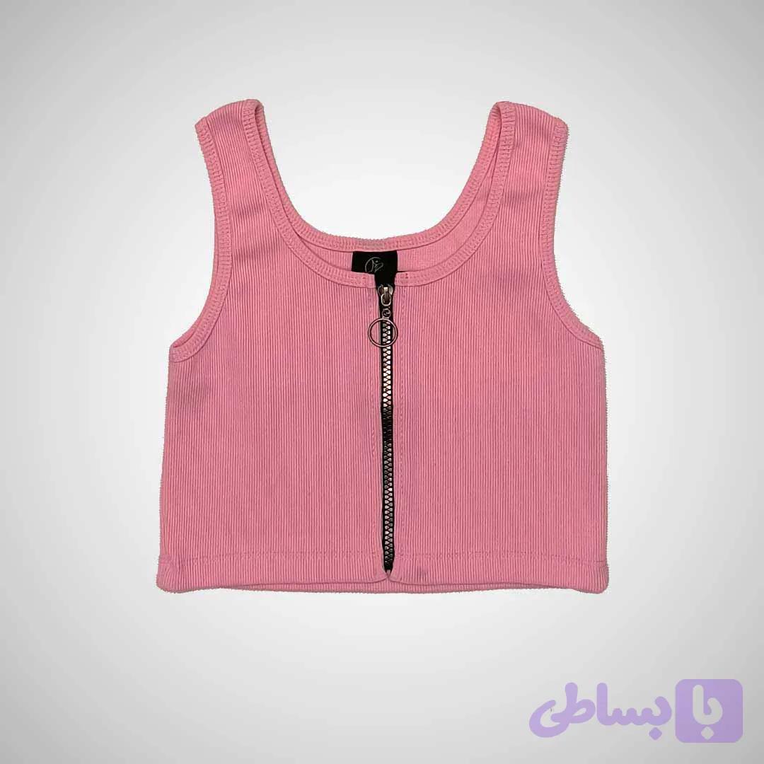 تاپ کراپ زنانه یقه گرد زیپدار صورتی رنگ