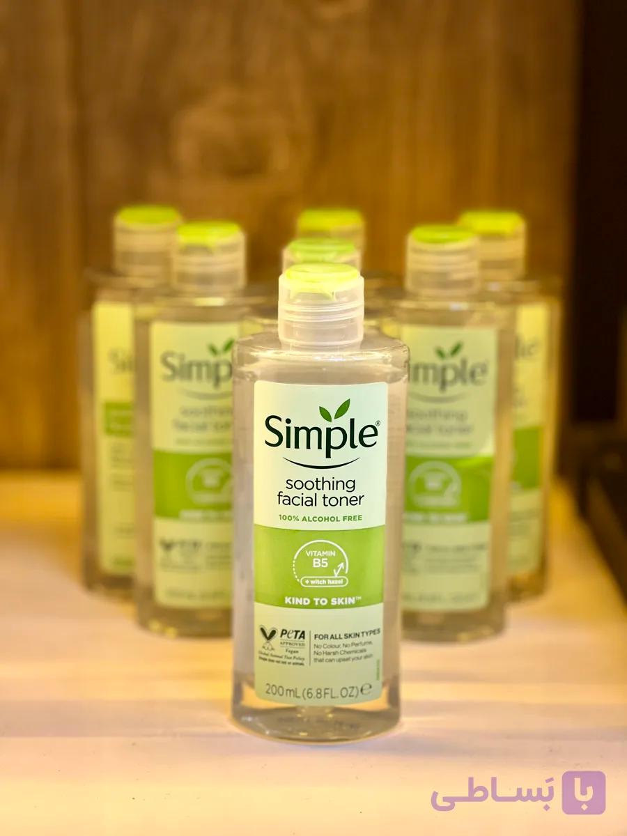 تونر سیمپل Simple مدل Soothing Facial Toner | آبرسان، تسکین‌دهنده، مناسب انواع پوست حجم ۲۰۰ میل (اورجینال)