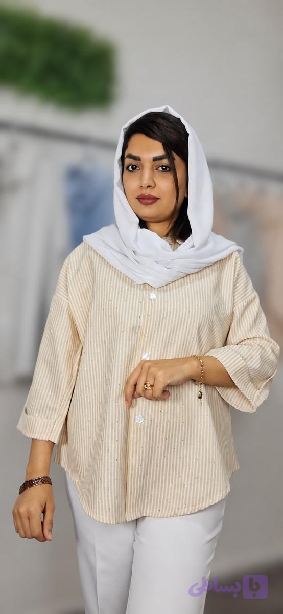 حراج شومیز زنانه راه راه نگینی، جنس لینن ،فری سایز تا 48