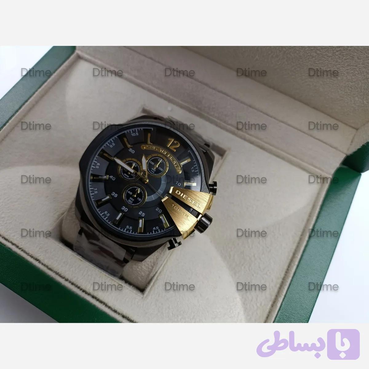 ساعت مچی مردانه دیزل مدل کرنوگراف چهار موتوره تمام مشکی با شاخ طلایی و بند استیل