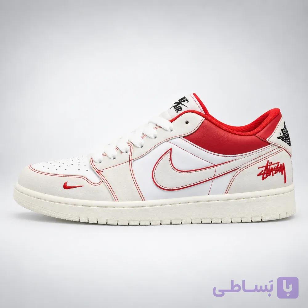 کتونی مردانه نایکی ایر جردن ۱ لو استوسی سفید قرمز | Nike Air Jordan 1 Low Stussy White Red — تصویر 1
