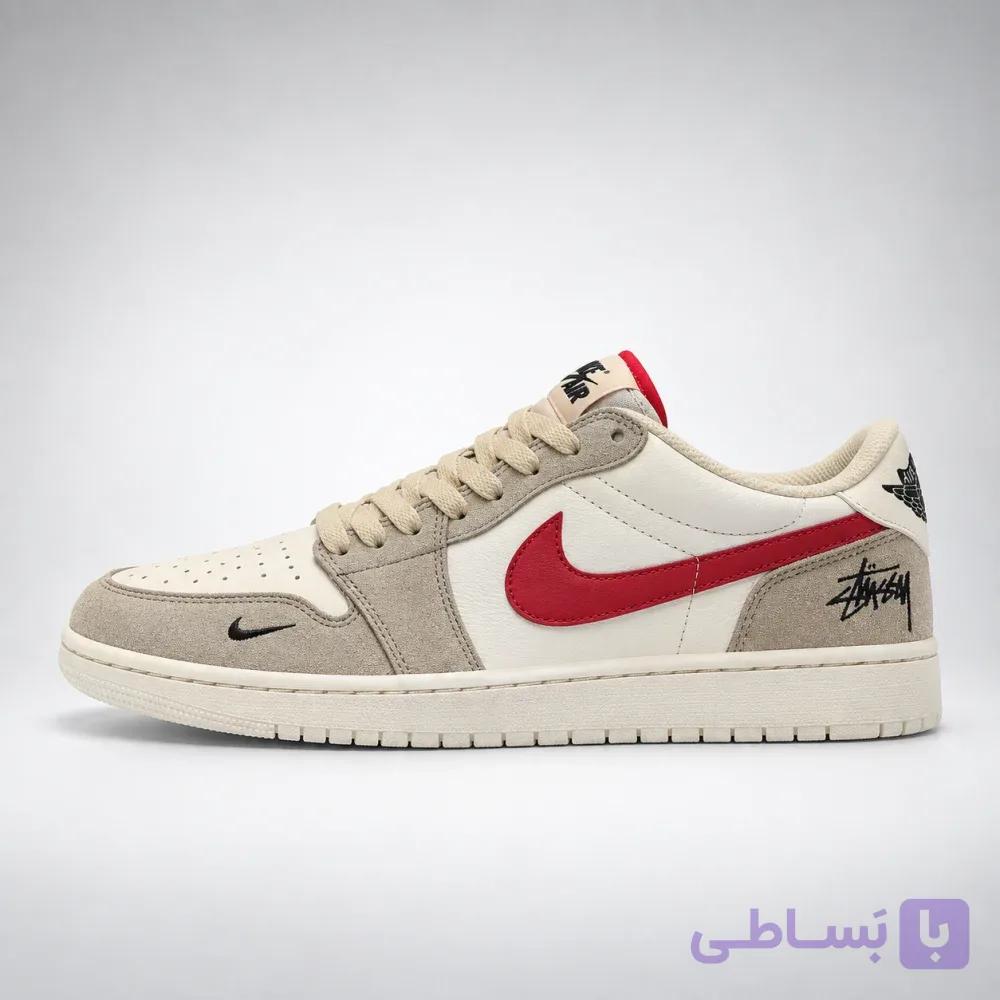 کتونی مردانه نایکی ایر جردن ۱ لو استوسی کرم قرمز | Nike Air Jordan 1 Low Stussy Cream Red — تصویر 1