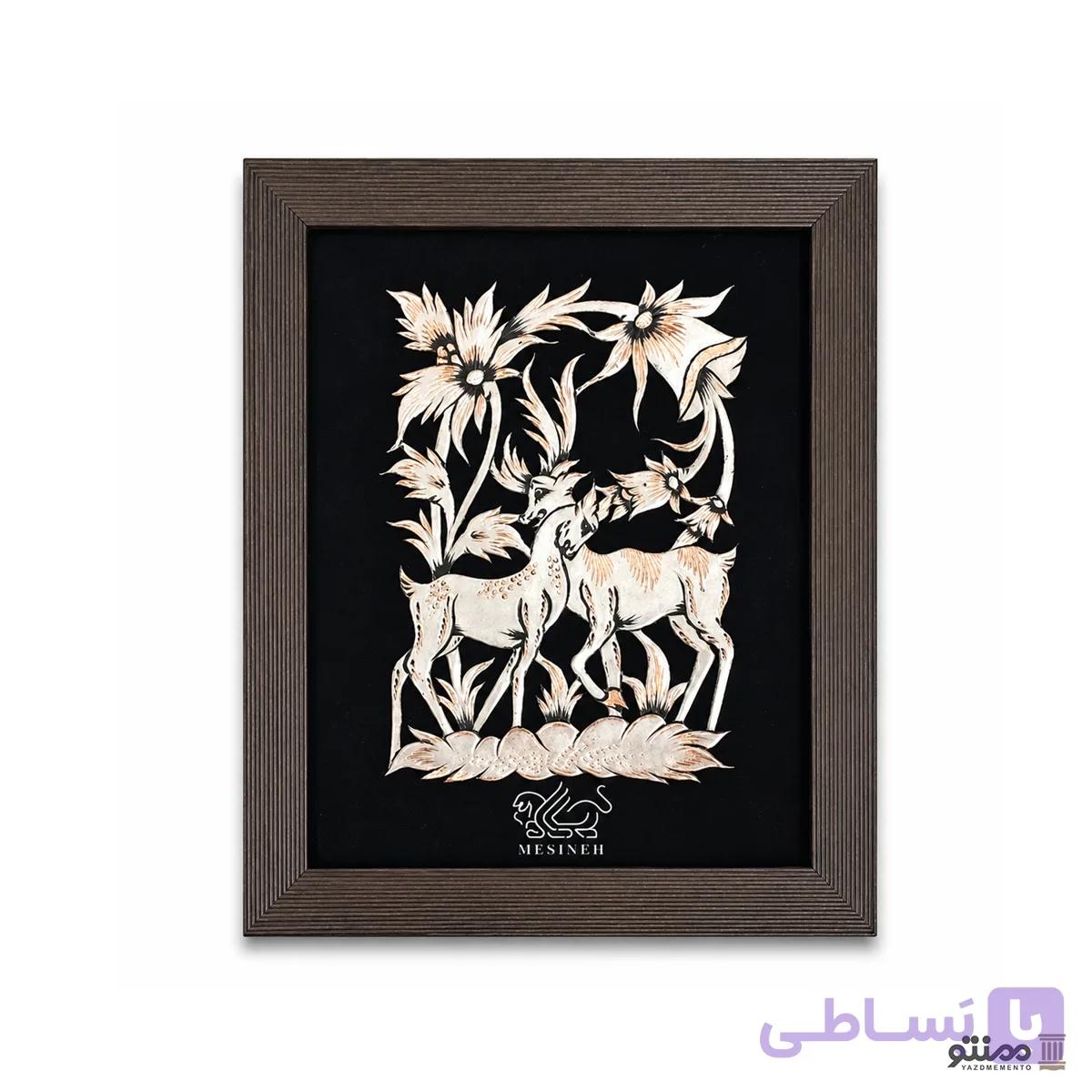 تابلو قلمزنی مشبک دیوار کوب طرح آهو و گل 30*25