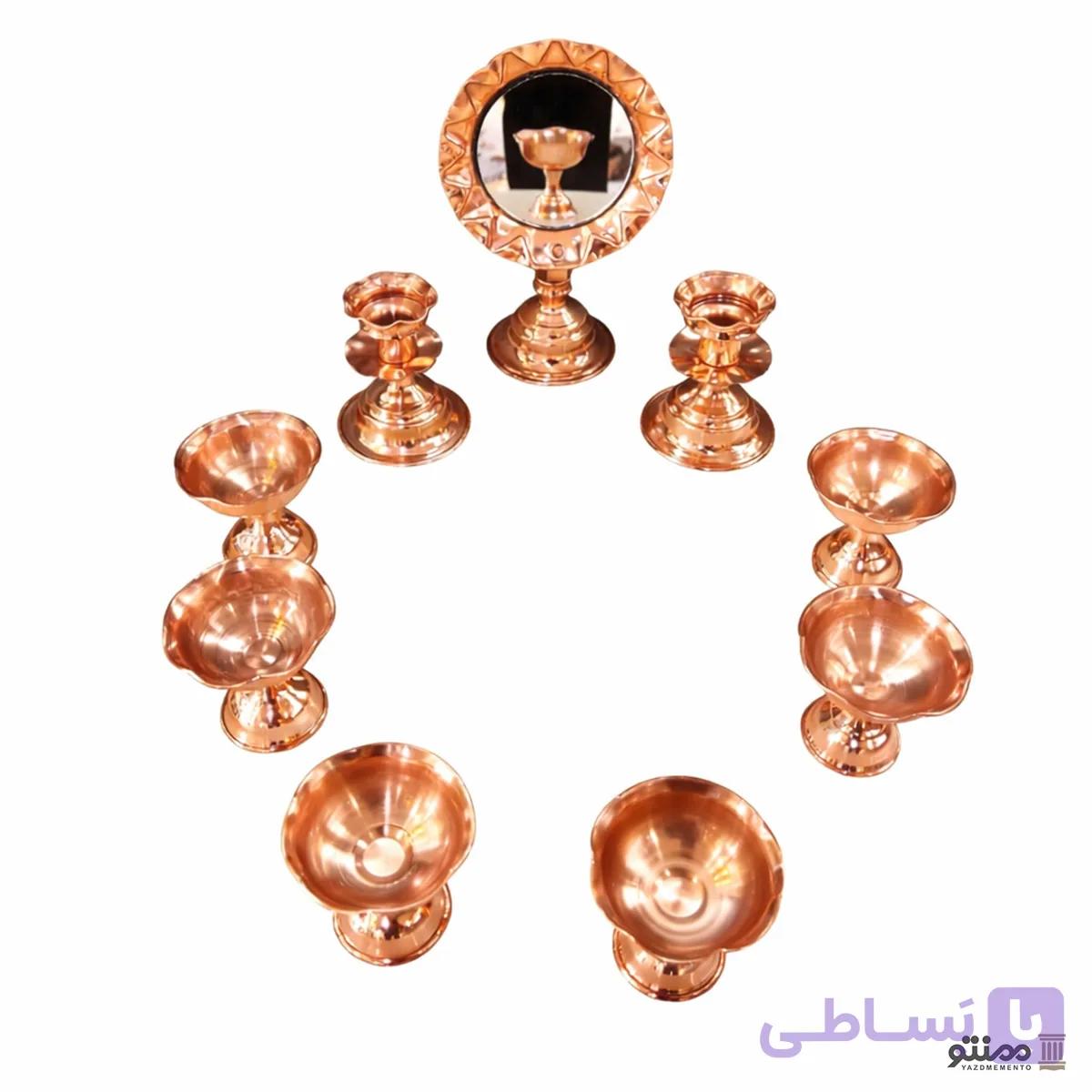 ست هفت سین پیاله، شمعدان و آینه سیاه قلم مسی 9 تکه — تصویر 1
