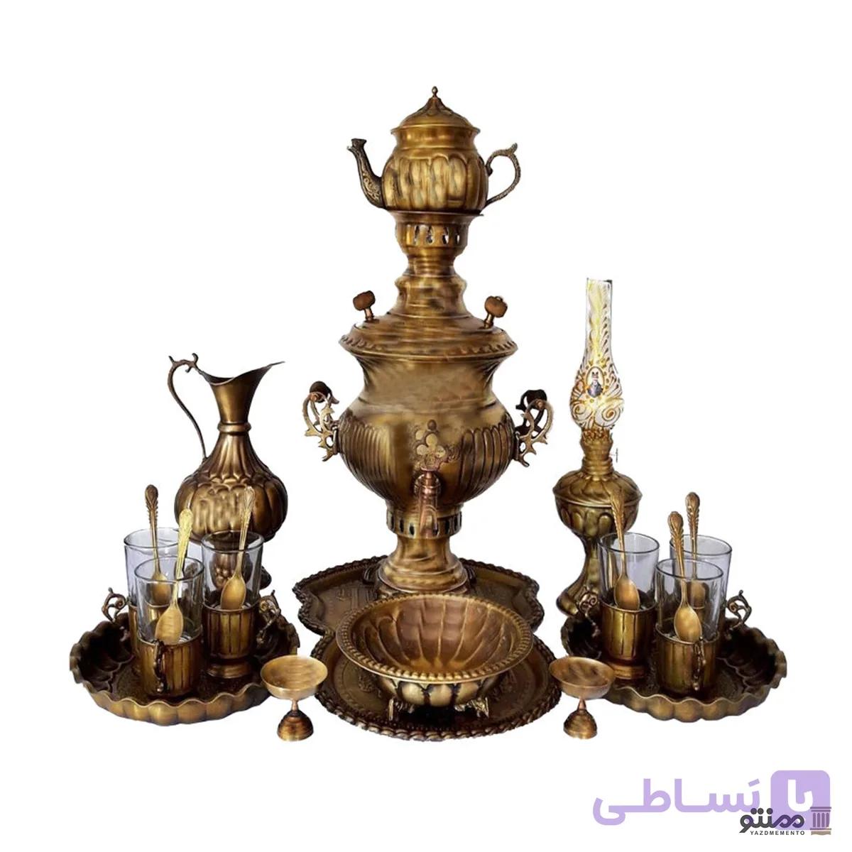 سرویس سماور ذغالی برنجی 12 پارچه مدل توپی — تصویر 1