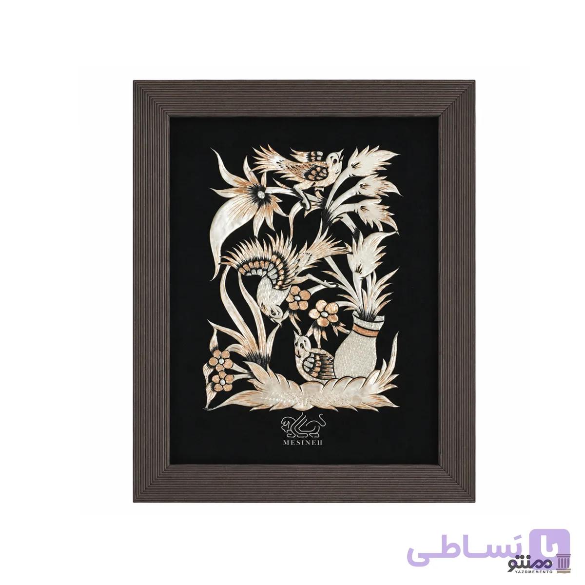 تابلو قلمزنی مشبک دیوار کوب طرح گلدان و پرنده 30*25