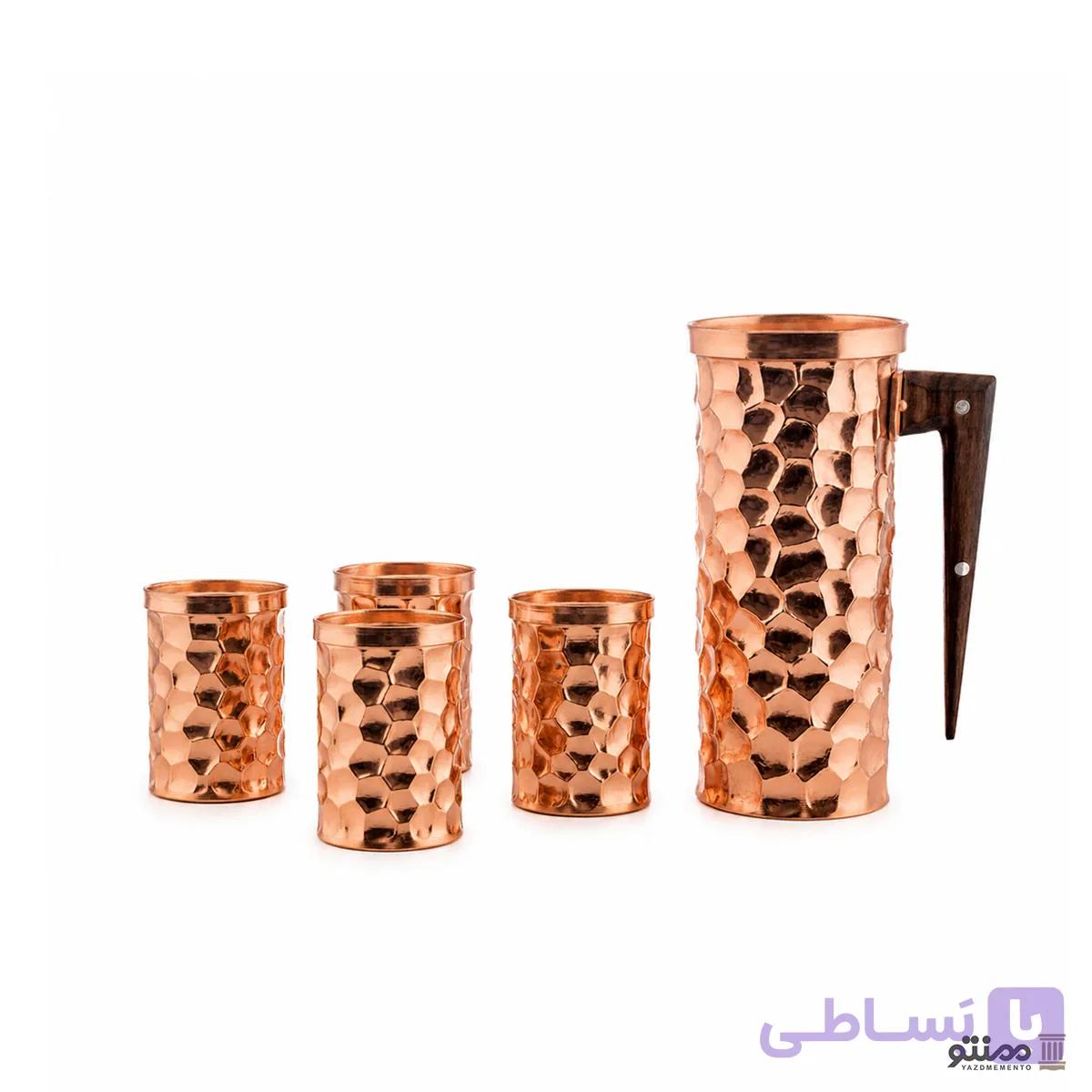 ست پارچ و لیوان مسی 4 عددی چکشی رنگ مسی — تصویر 1