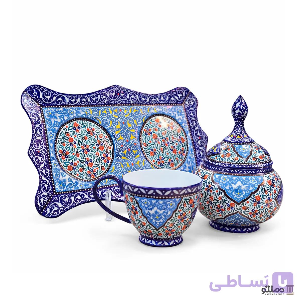 ست مینا کاری سینی، قندان و ماگ — تصویر 1