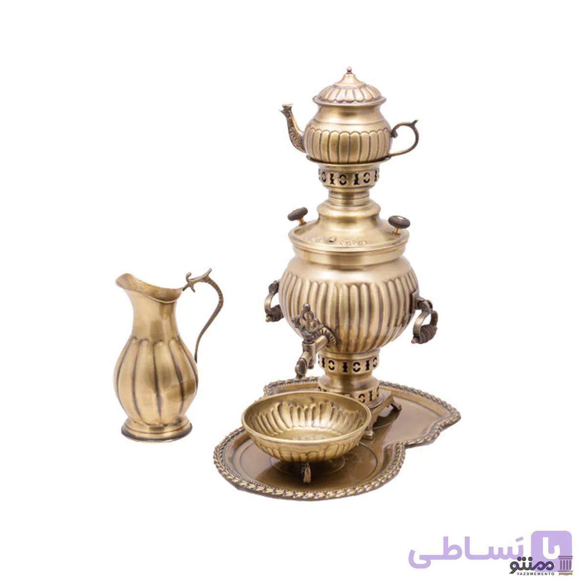 سرویس سماور ذغالی برنجی 5 پارچه مدل توپی کد 02 شش لیتری — تصویر 1