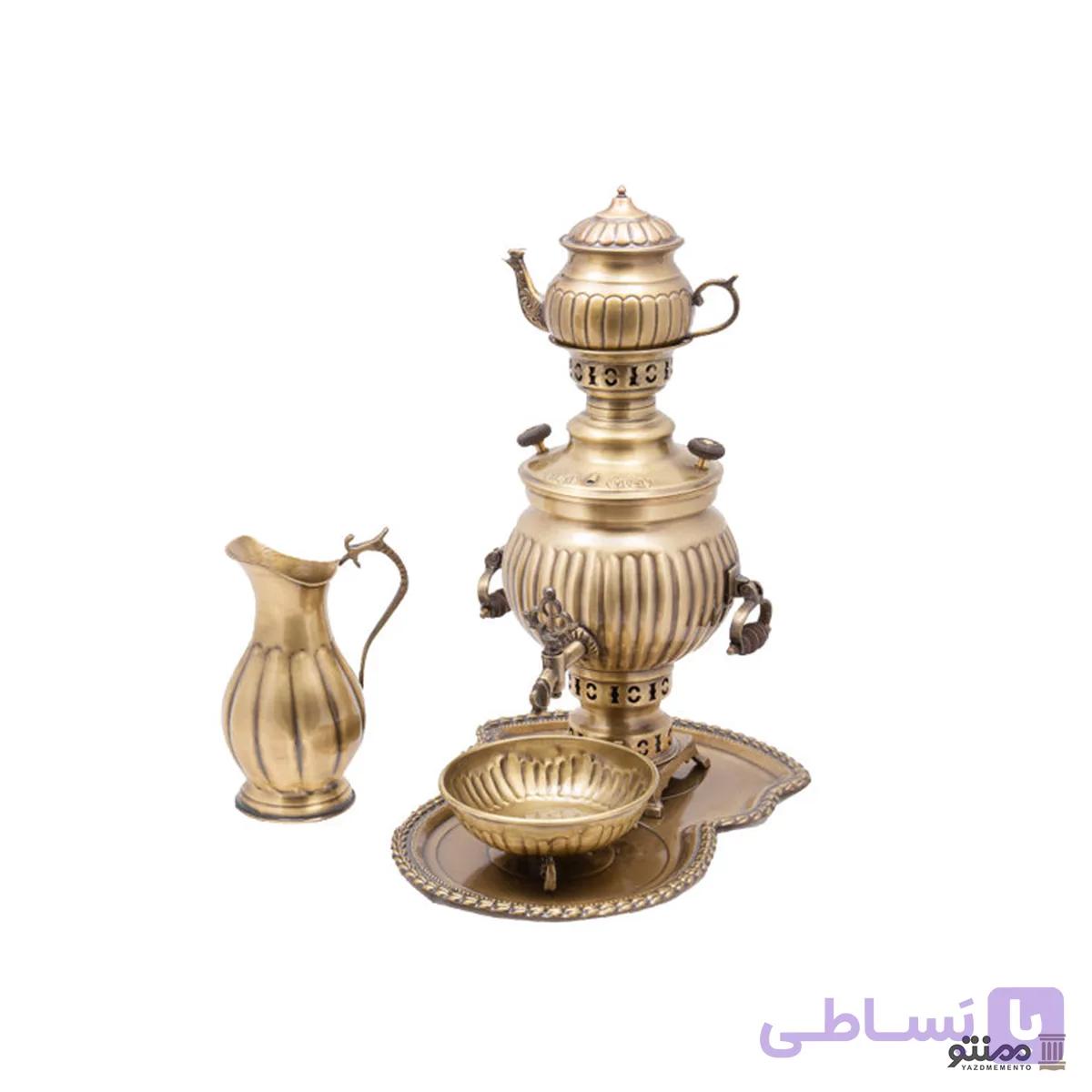 سرویس سماور ذغالی برنجی 5 پارچه مدل توپی کد 03 سه لیتری — تصویر 1