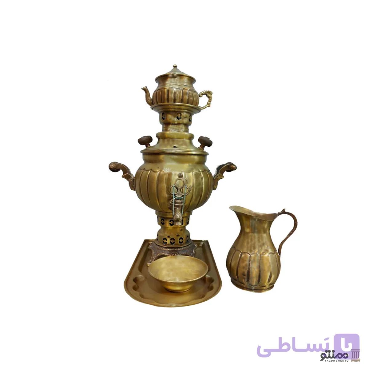 سرویس سماور ذغالی برنجی 5 پارچه مدل توپی یک لیتری — تصویر 1