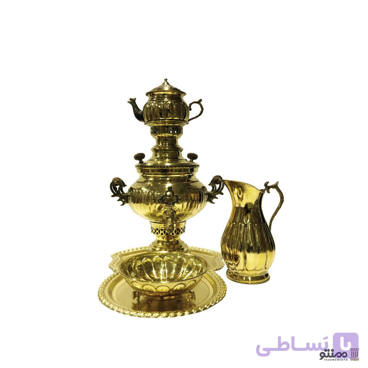 سرویس سماور ذغالی برنجی 5 پارچه توپی چکش کاری سه لیتری — تصویر 1