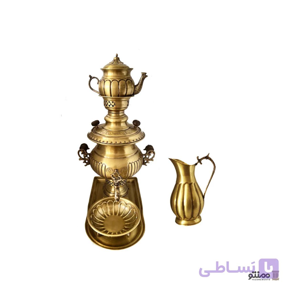 سرویس سماور ذغالی برنجی 5 پارچه مدل خطی قلم زنی شش لیتری — تصویر 1