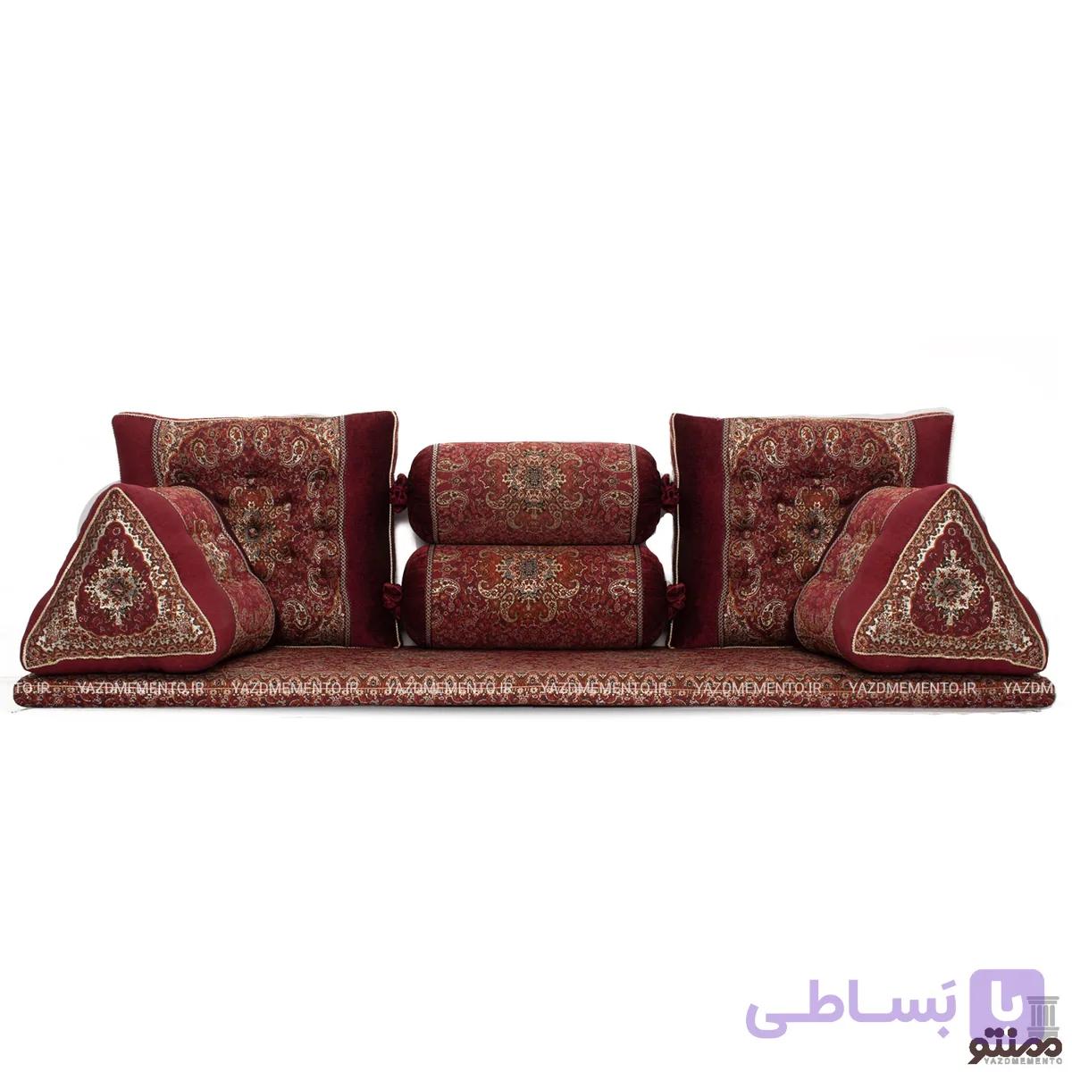 پشتی سنتی شاه نشین ترمه طرح نسترن کنار مخمل – ست 7 تکه قرمز — تصویر 1