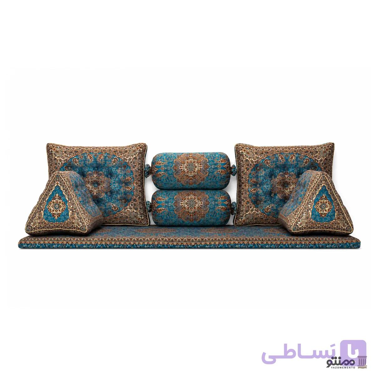 ست شاه نشین بالش و پشتی سنتی ترمه نسترن آبی — تصویر 1
