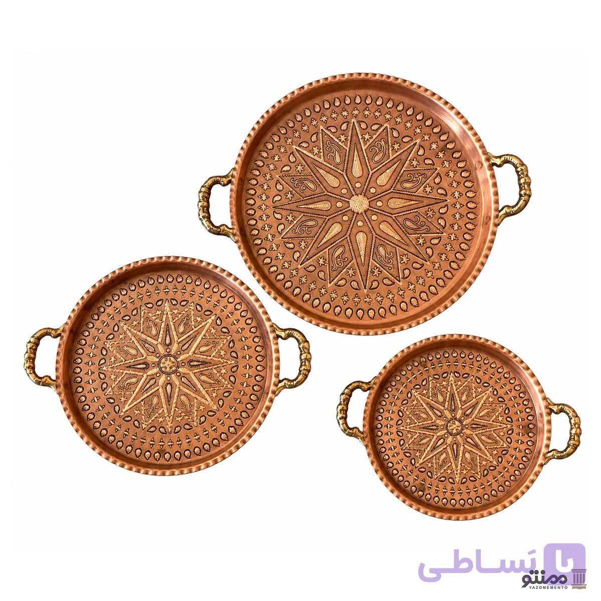 سینی مسی گرد زنجان سیاه قلم با دسته و پایه — تصویر 1