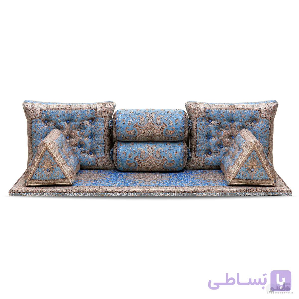 پشتی سنتی شاه نشین ترمه طرح طوبی – ست 7 تکه آبی — تصویر 1