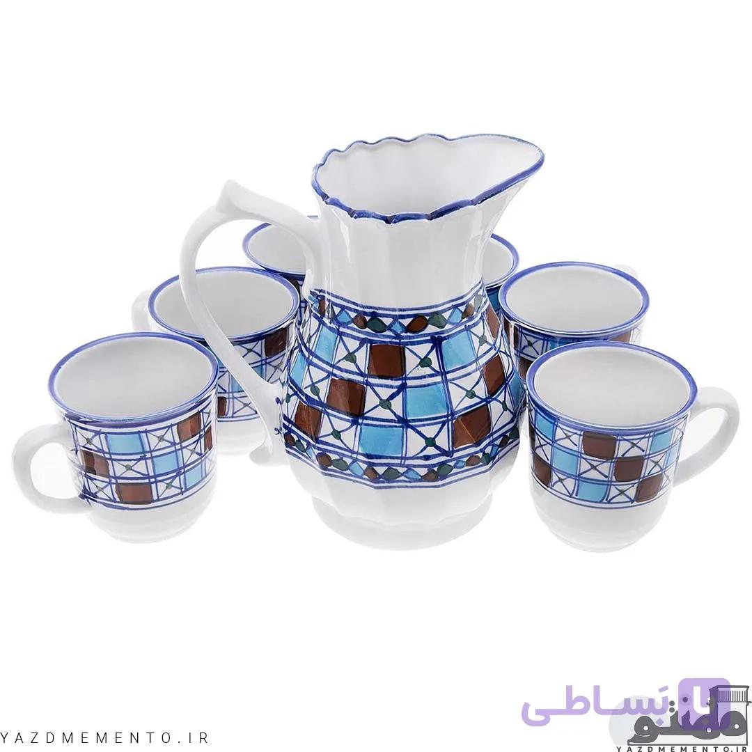 پارچ و لیوان چینی دسته دار طرح شطرنجی سرویس 7 پارچه — تصویر 1