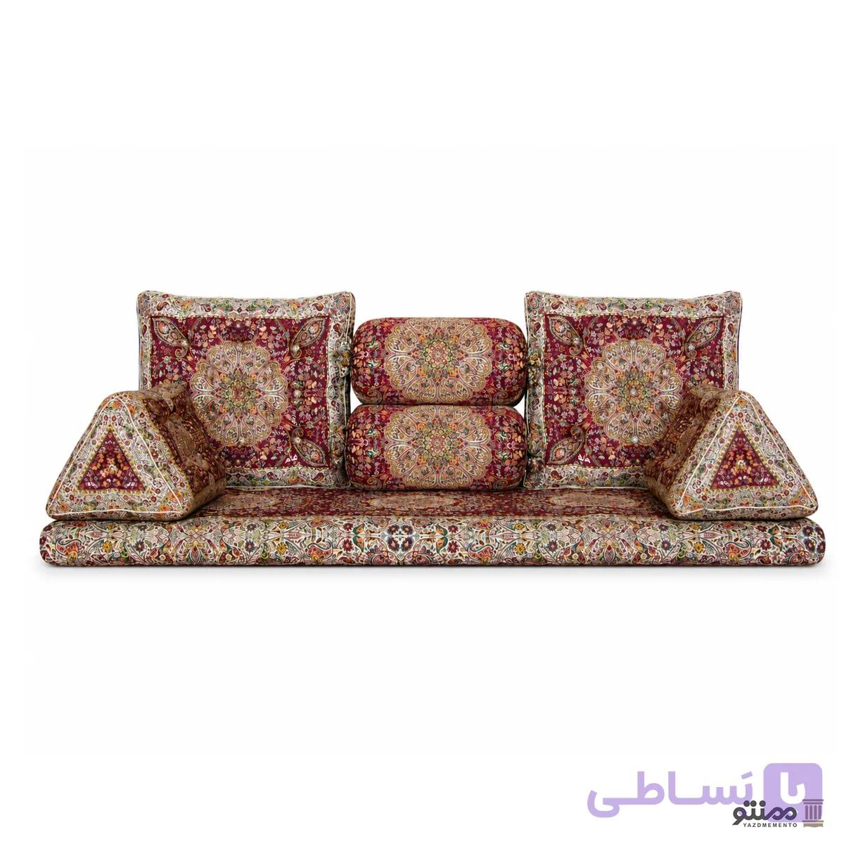 پشتی سنتی شاه نشین 7 تکه ترمه طرح افشار رنگ زرشکی — تصویر 1