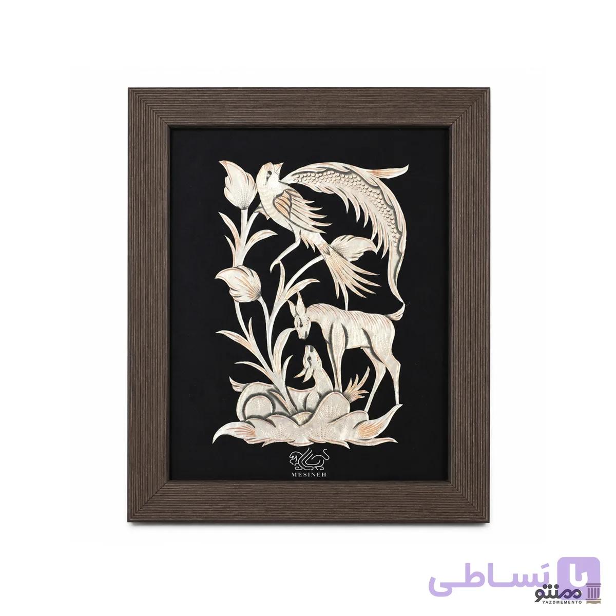 تابلو قلمزنی مشبک دیوار کوب طرح پرنده و آهو 30*25
