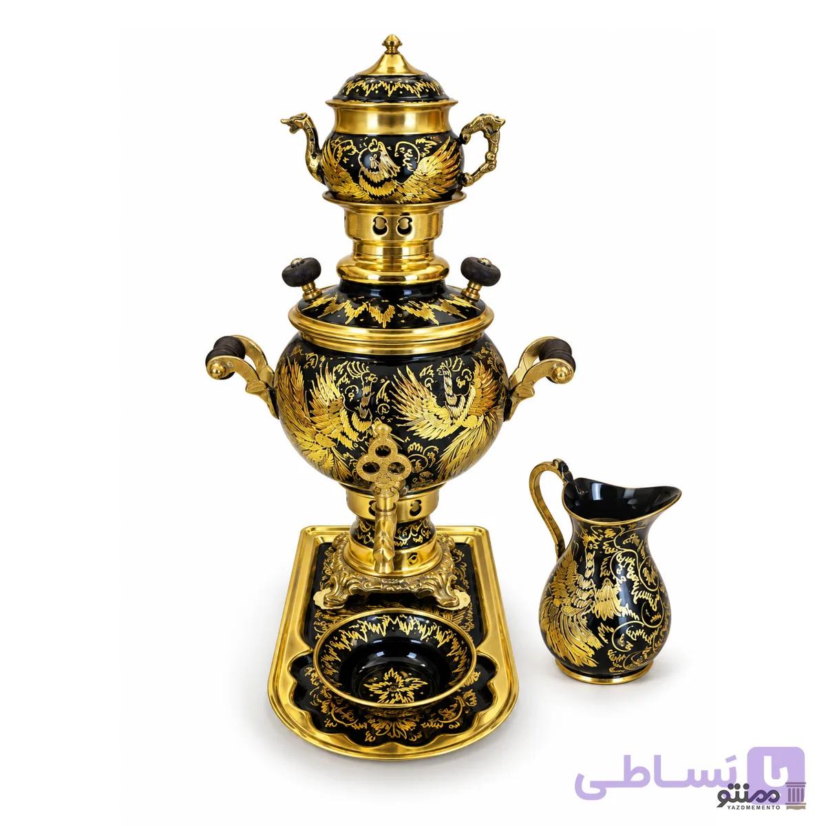 سرویس سماور 5 پارچه دکوری برنجی الماس تراش نیم لیتری — تصویر 1
