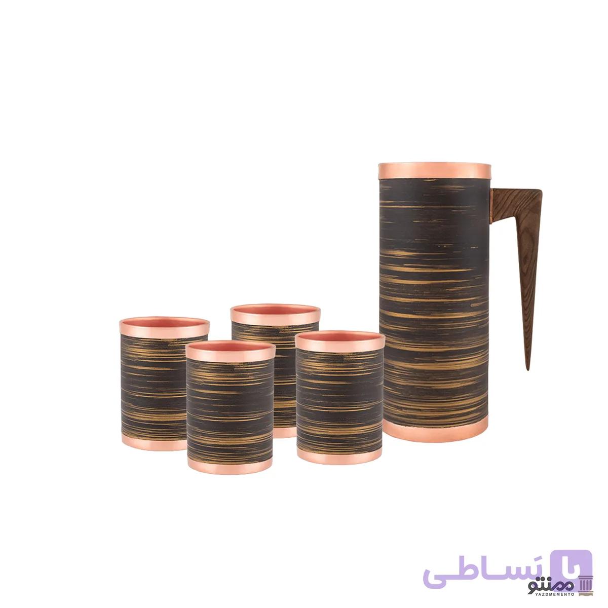 ست پارچ و لیوان مسی 4 عددی استوانه رنگ مشکی طلایی — تصویر 1