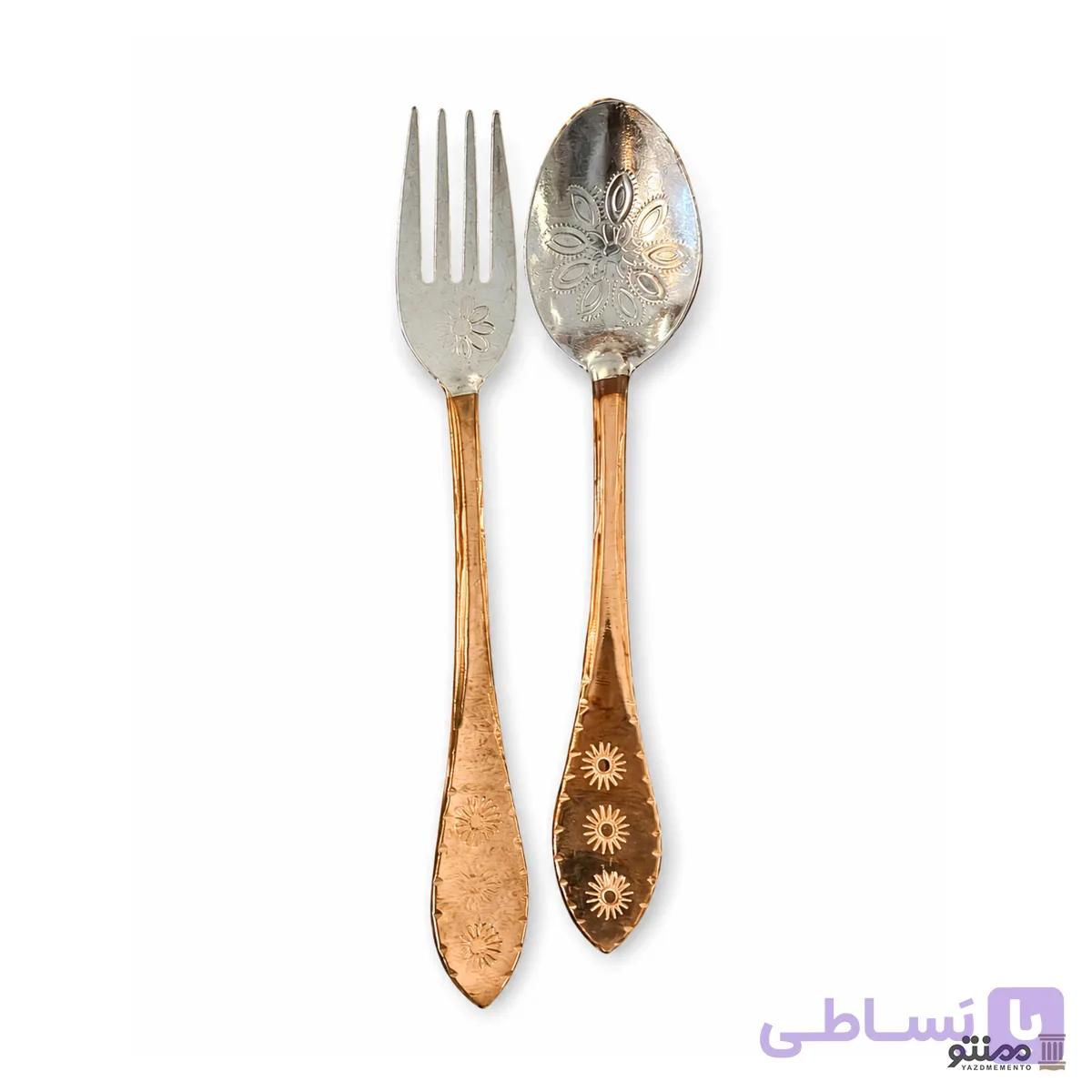 قاشق و چنگال مسی طرح خورشیدی نانو شده 2 عددی — تصویر 1