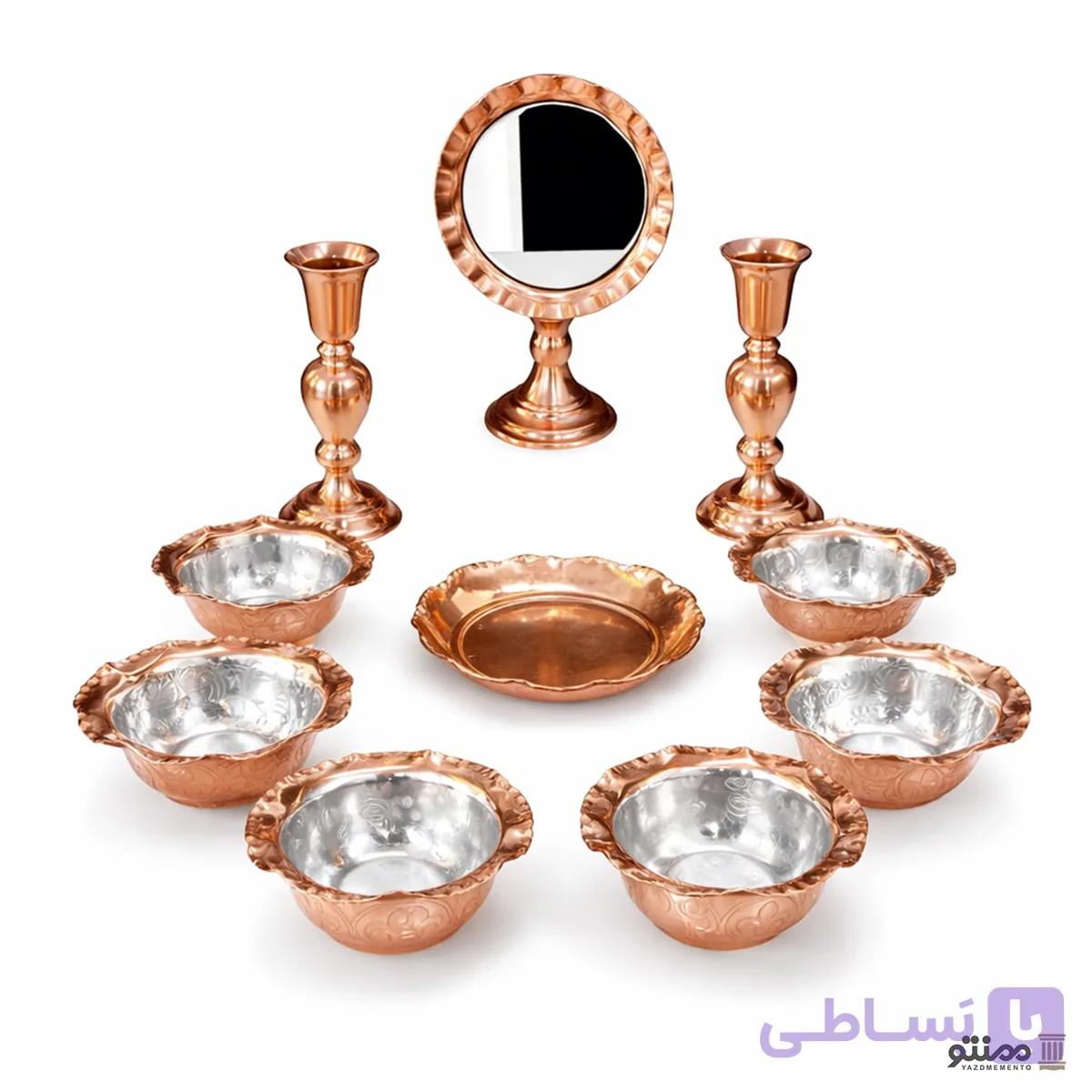 ست هفت سین پیاله، شمعدان، بشقاب و آینه مسی 10 تکه — تصویر 1
