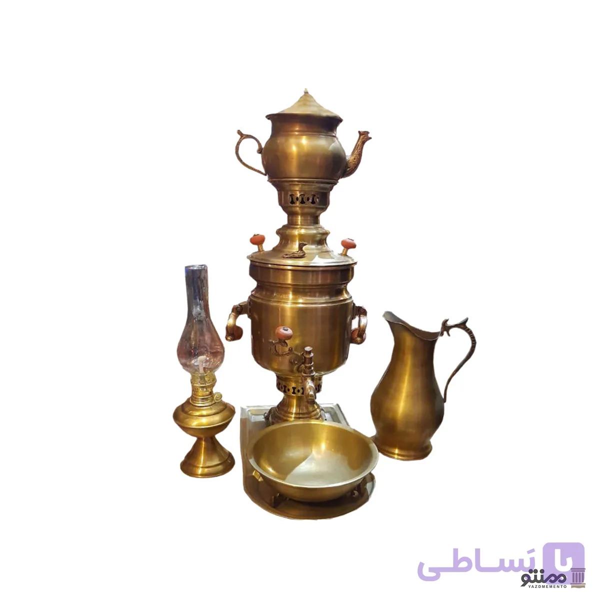 سرویس سماور ذغالی برنجی 6 پارچه مدل استوانه — تصویر 1