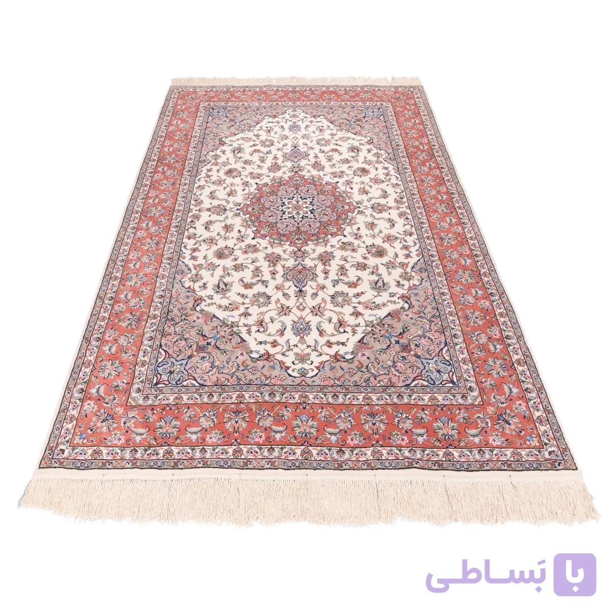 فرش دستباف یزد نقشه درباری زمینه کرم – نصیریانی — تصویر 1