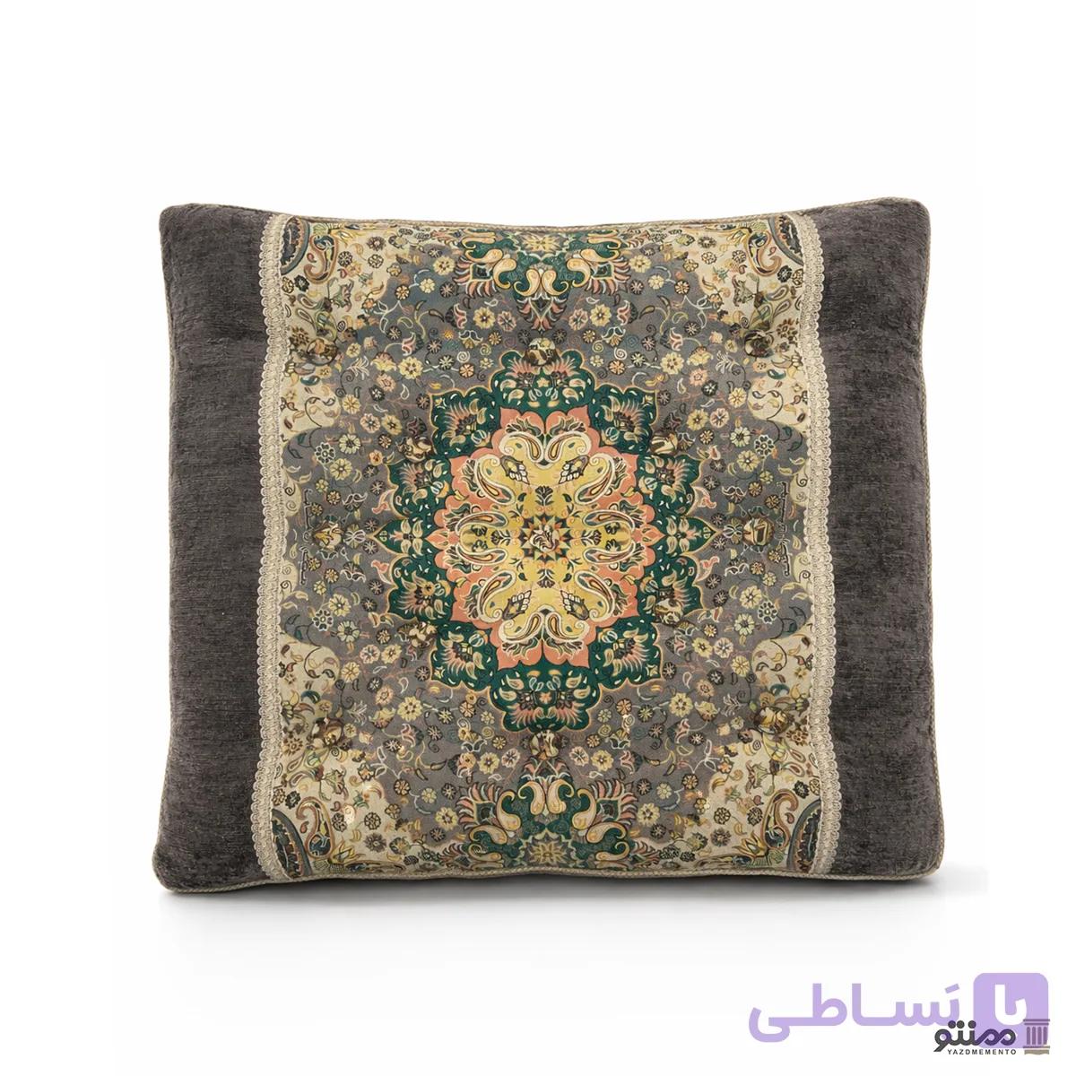 پشتی سنتی ترمه ونوس – بسته 2 عددی طوسی کنار مخمل — تصویر 1