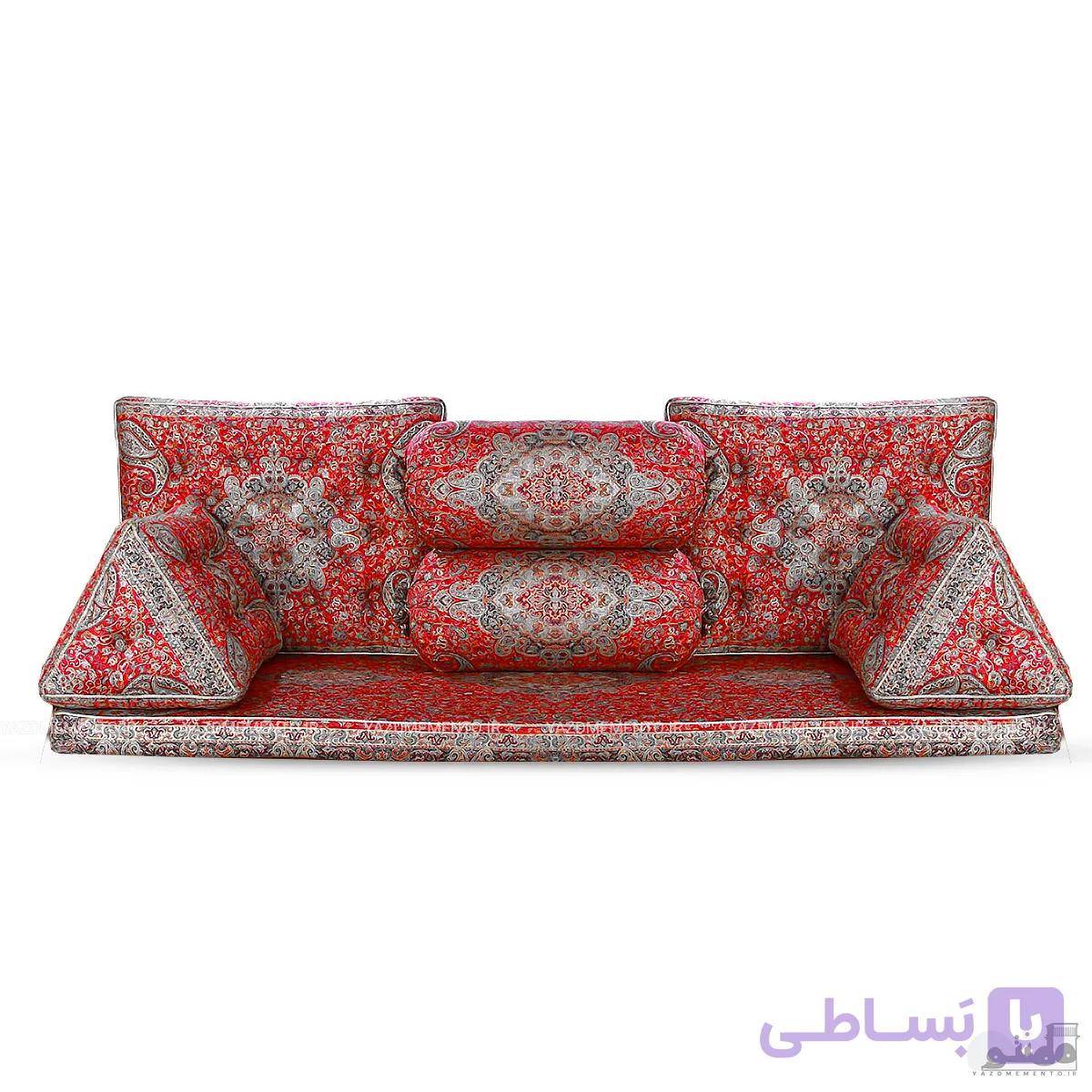 پشتی سنتی شاه نشین ترمه طرح سالار – ست 7 تکه قرمز ابریشم — تصویر 1