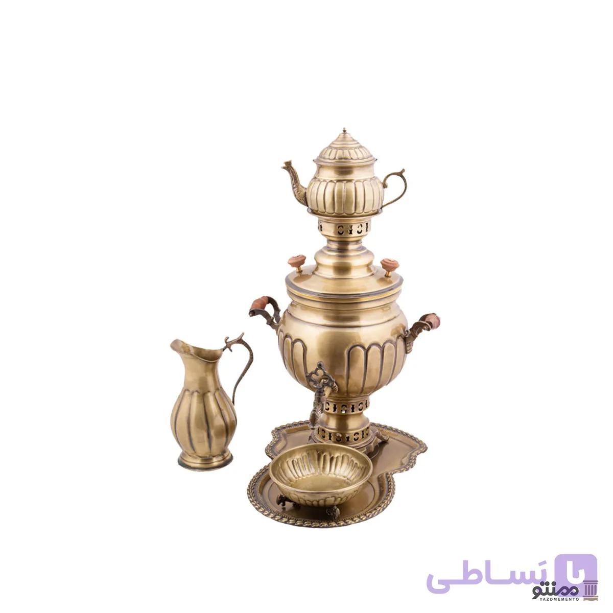 سرویس سماور ذغالی برنجی 5 پارچه مدل خطی 3 لیتری — تصویر 1