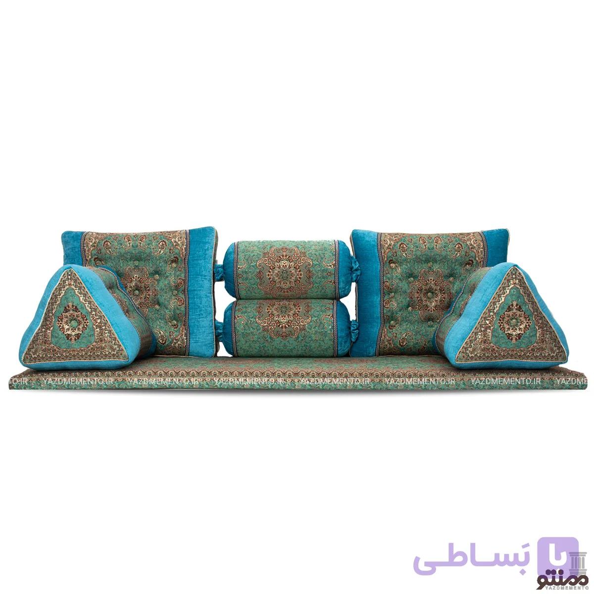 پشتی سنتی شاه نشین ترمه طرح نسترن کنار مخمل – ست 7 تکه سبز آبی — تصویر 1