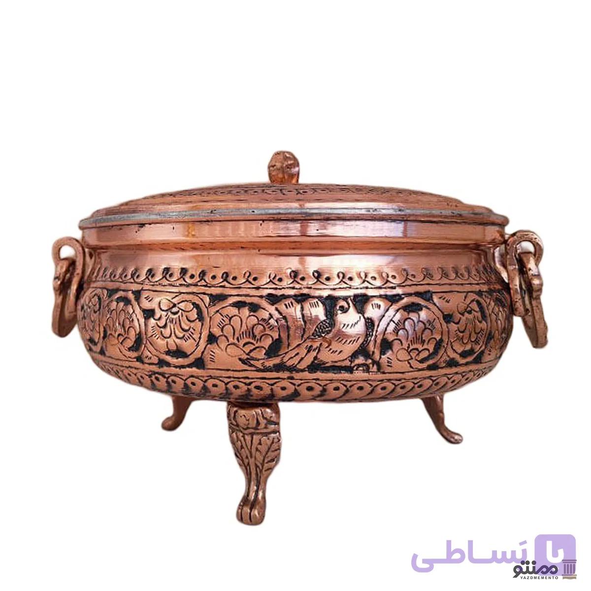 سوپ خوری مسی مدل چکشی پایه دار قلم کاری شده — تصویر 1
