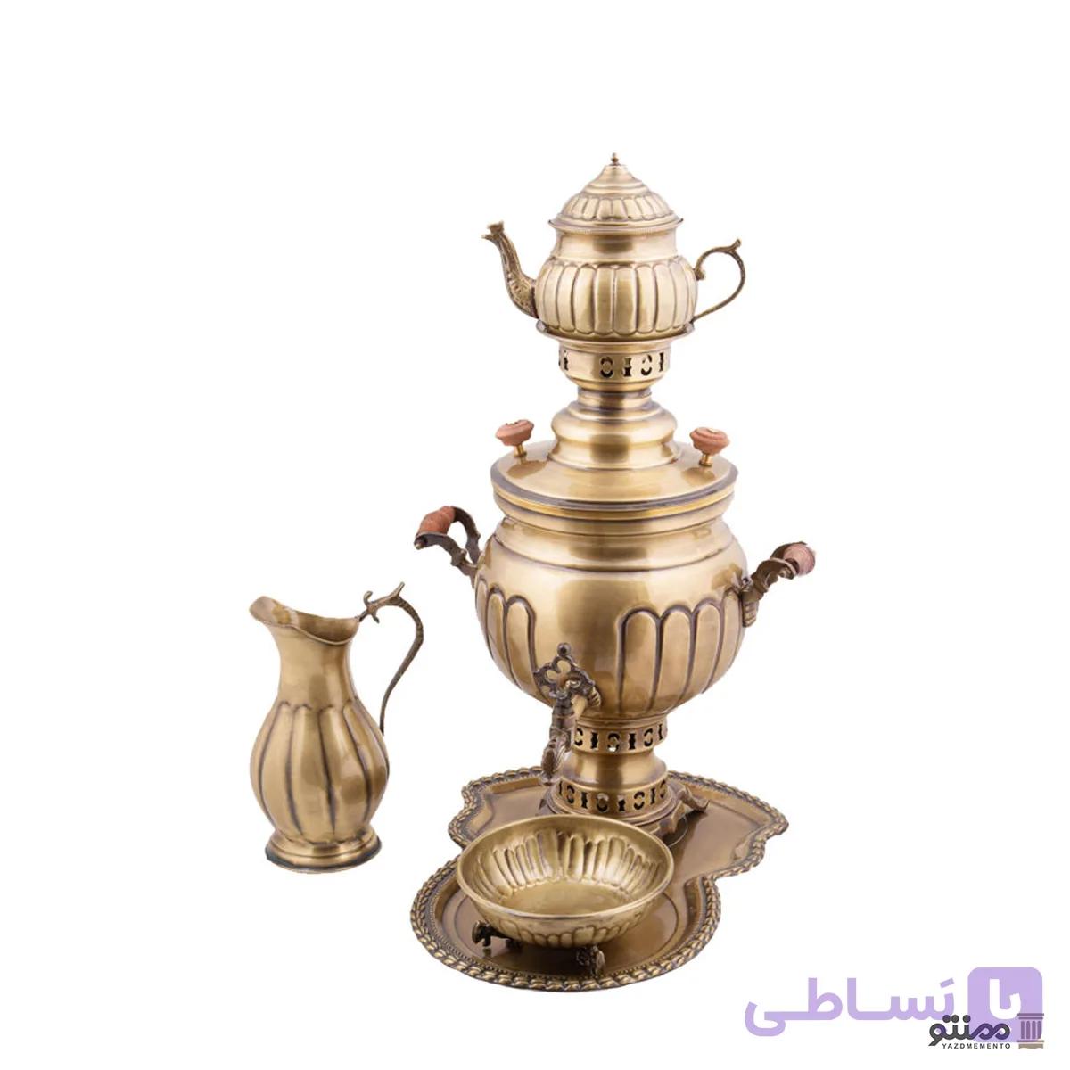 سرویس سماور ذغالی برنجی 5 پارچه مدل خطی چکش کاری شش لیتری — تصویر 1