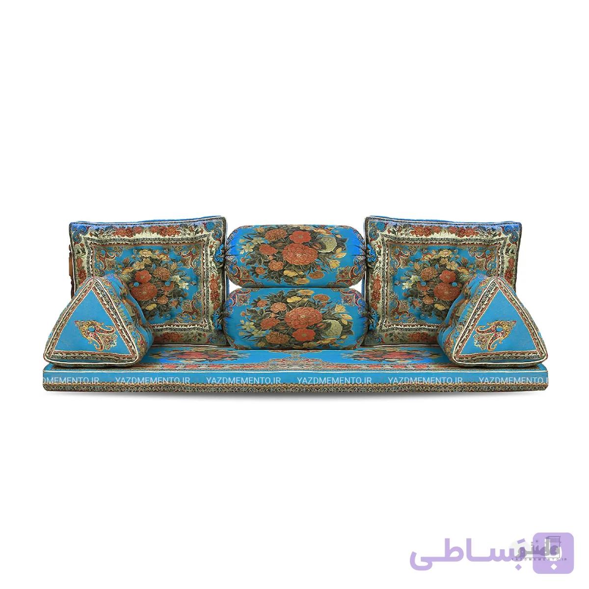 پشتی سنتی شاه نشین ترمه طرح شبستان – ست 7 تکه آبی — تصویر 1