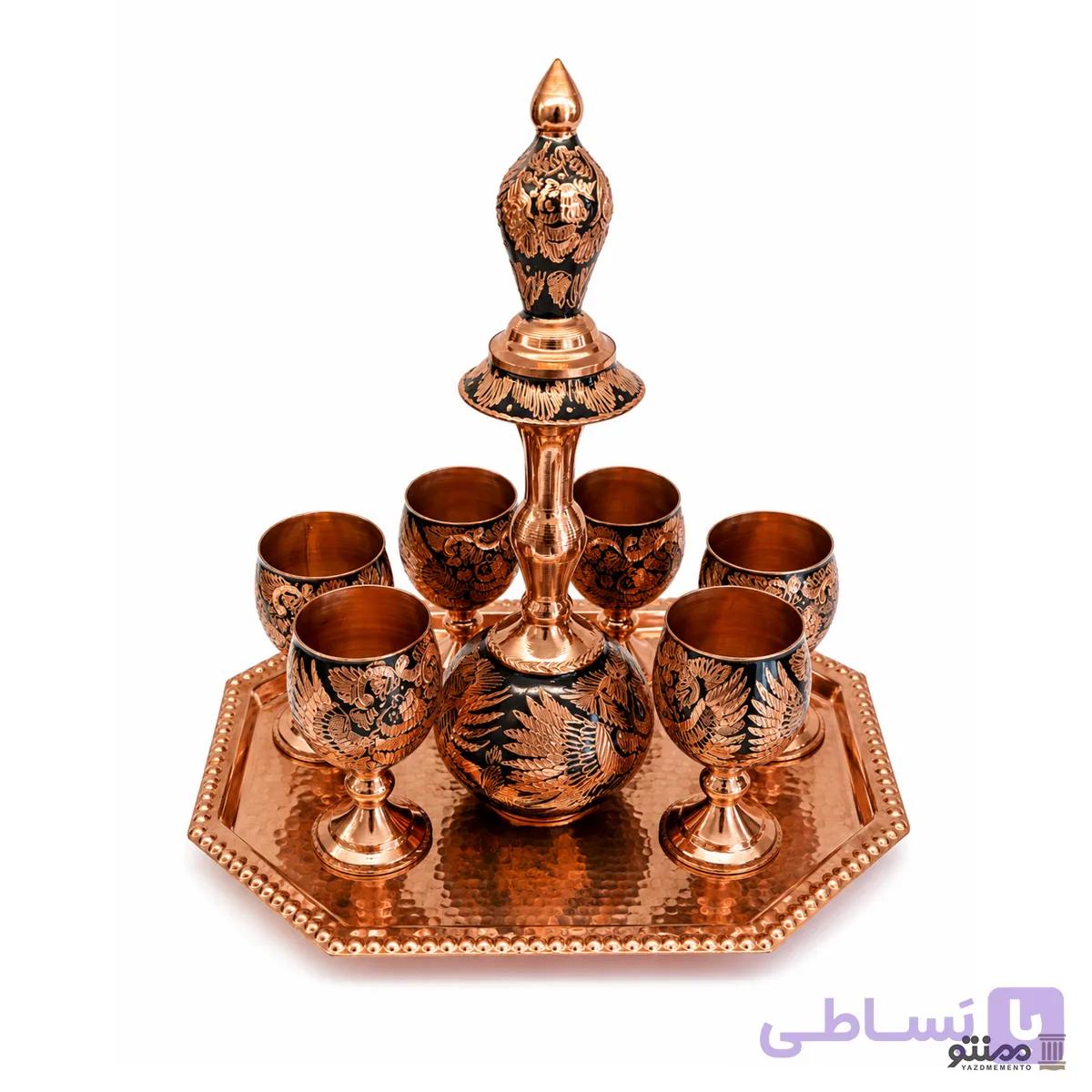 سرویس شربت خوری مسی الماس تراش تنگ و جام و سینی بیضی — تصویر 1