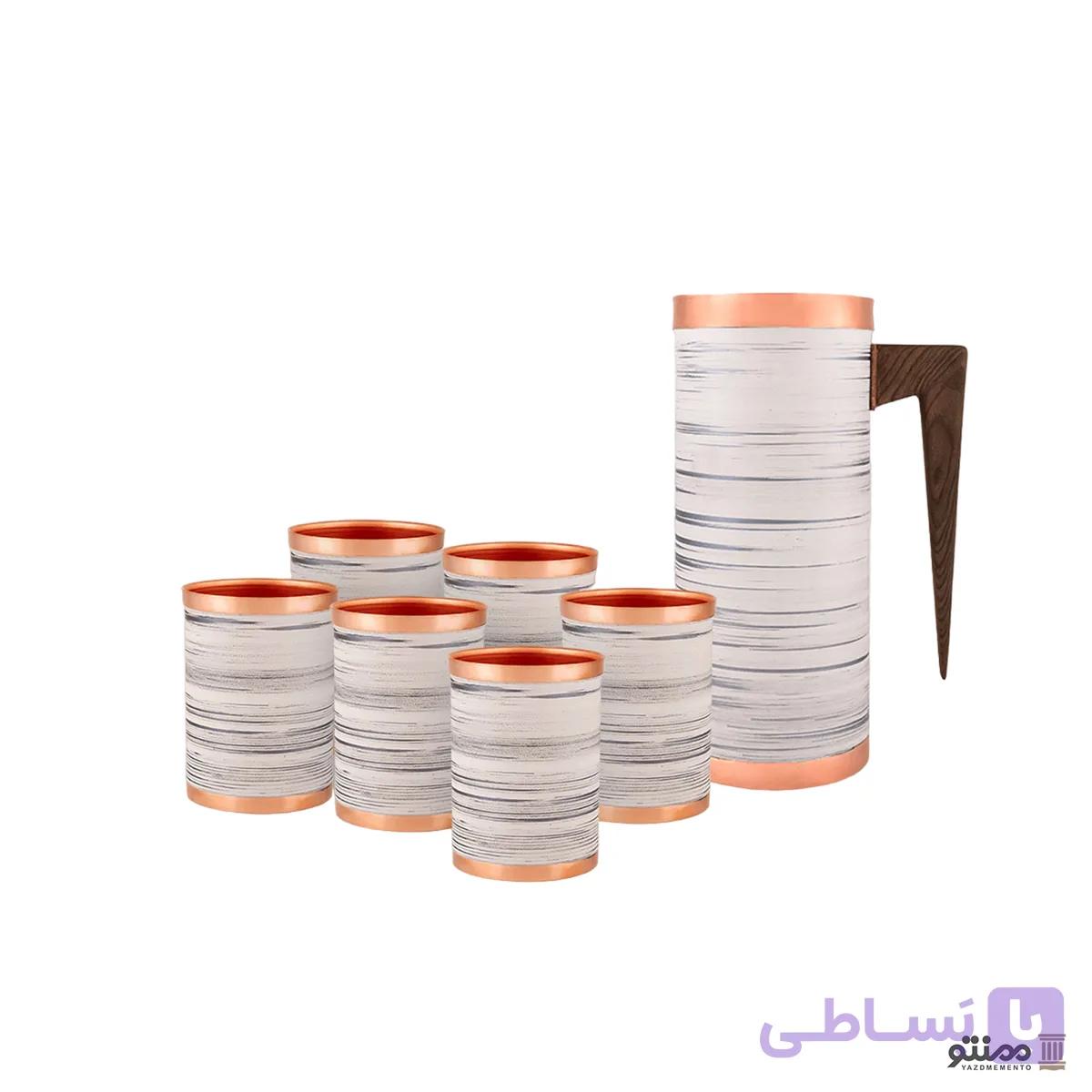 ست پارچ و لیوان مسی 6 عددی استوانه رنگ سفید نقره ای — تصویر 1