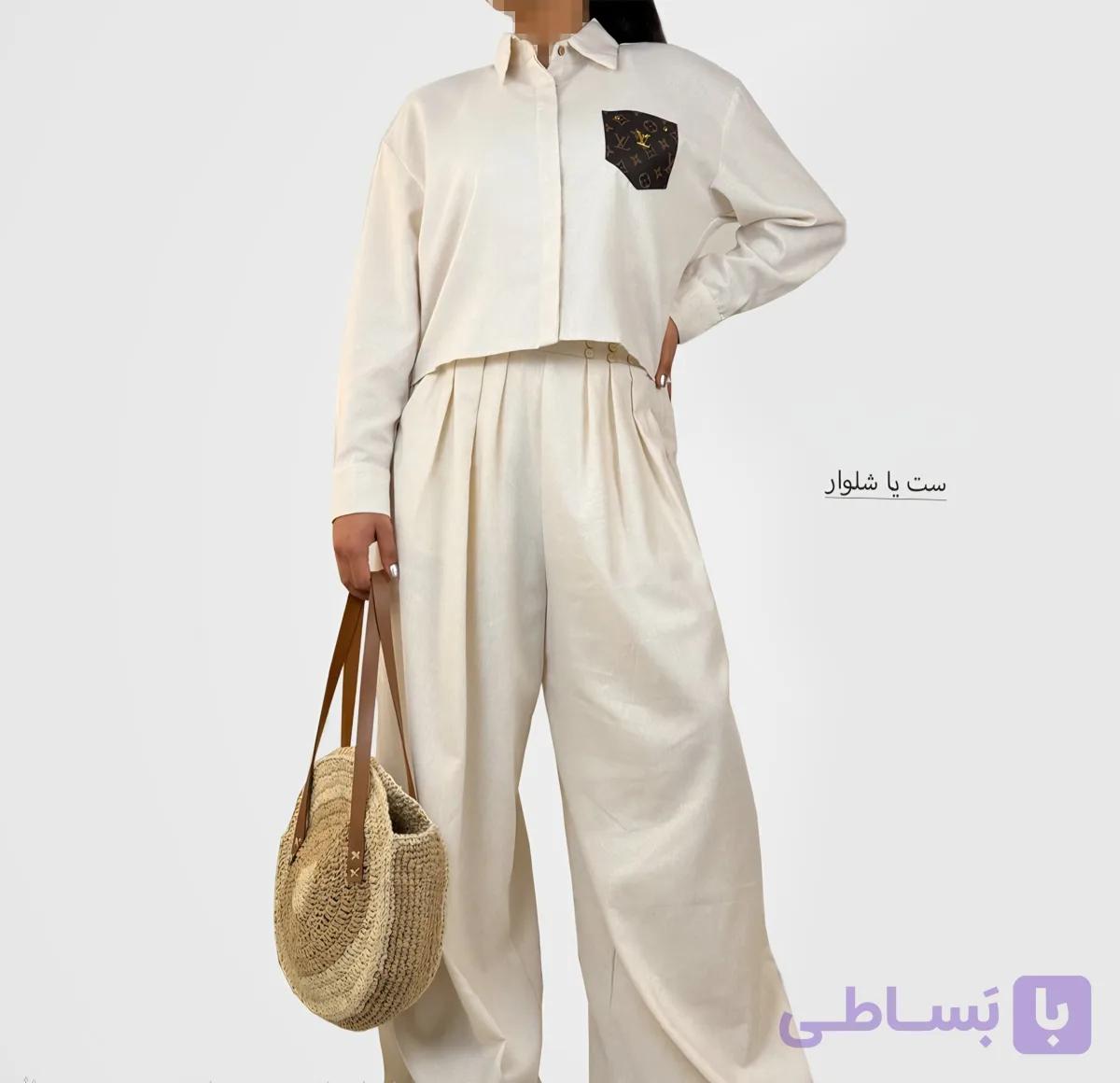 ست شومیز کراپ و شلوار بگ لینن - طرح LV | وارداتی