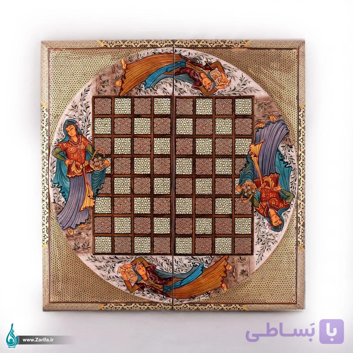 تخته نرد و شطرنج خاتم لب گرد لیلی و مجنون صدف 50*50 — تصویر 1