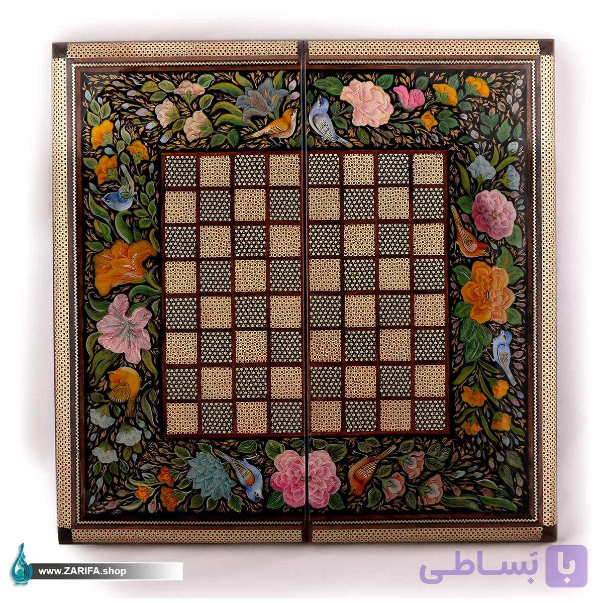 تخته نرد خاتم اعلا با نقاشی گل و مرغ صدف مشکی 50*50 — تصویر 1