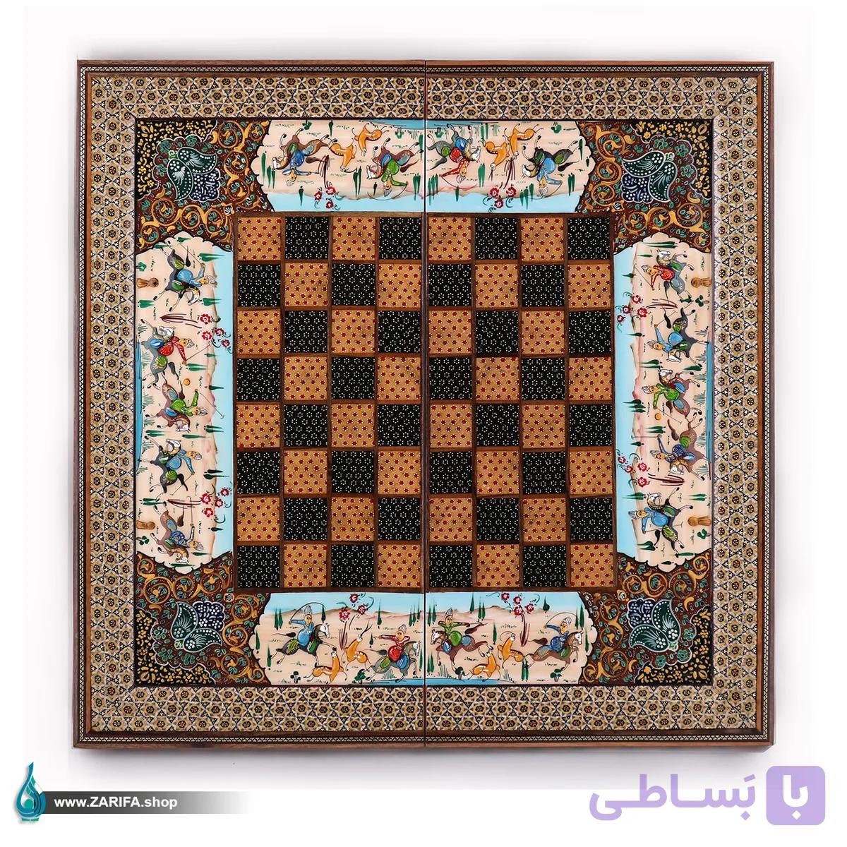 تخته نرد و شطرنج خاتم ستونی با شکار و تذهیب 50*50 — تصویر 1