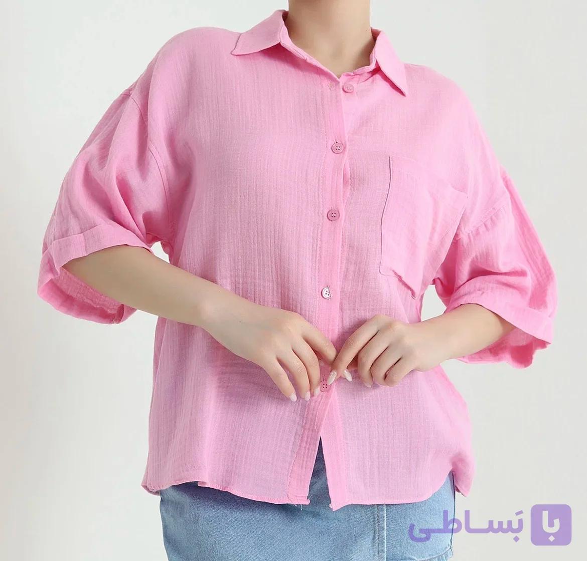 شومیز کنفی آستین کوتاه رنگ صورتی جیب دار کاملا خنک